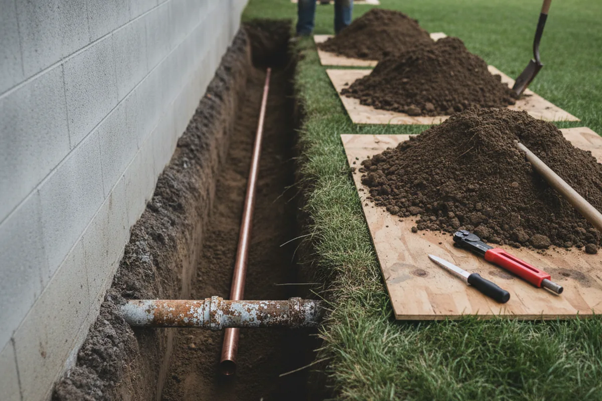 Excavated water line trench during Water Softener Installation in Harpers Ferry